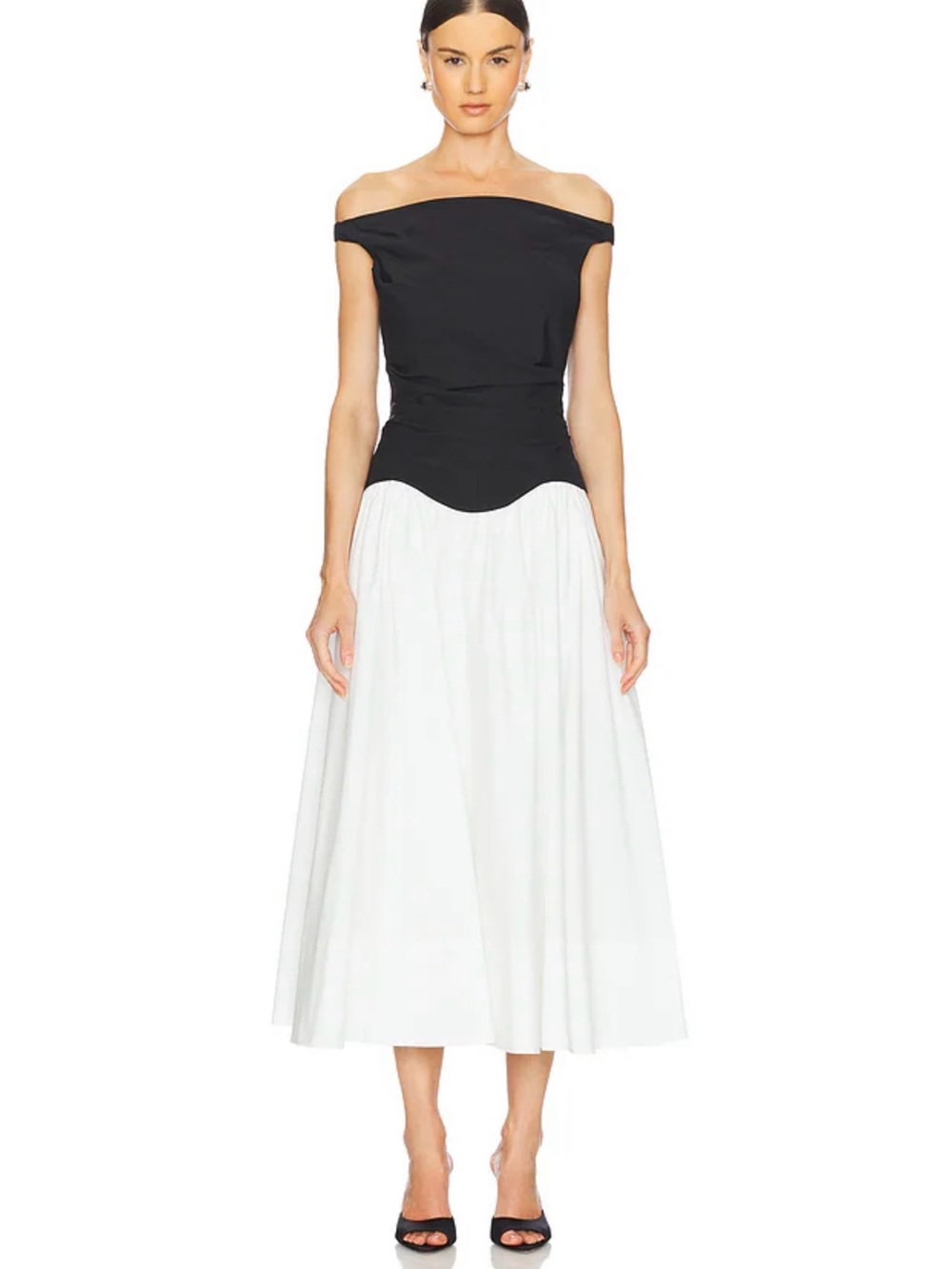 Simkhai Cersei Off Shoulder Midi Dress in White Black, size 2, NWT